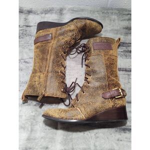 NWOT Michael Kors Woolley Brown Distressed Leather Combat Boot Lace Zip Up 7M